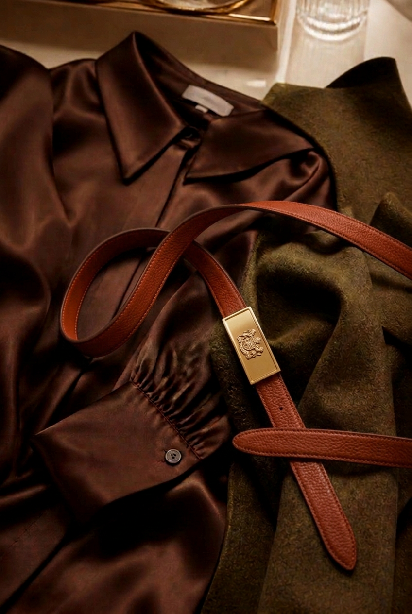 Brown silk shirt layered with olive green fabric and a brown leather belt