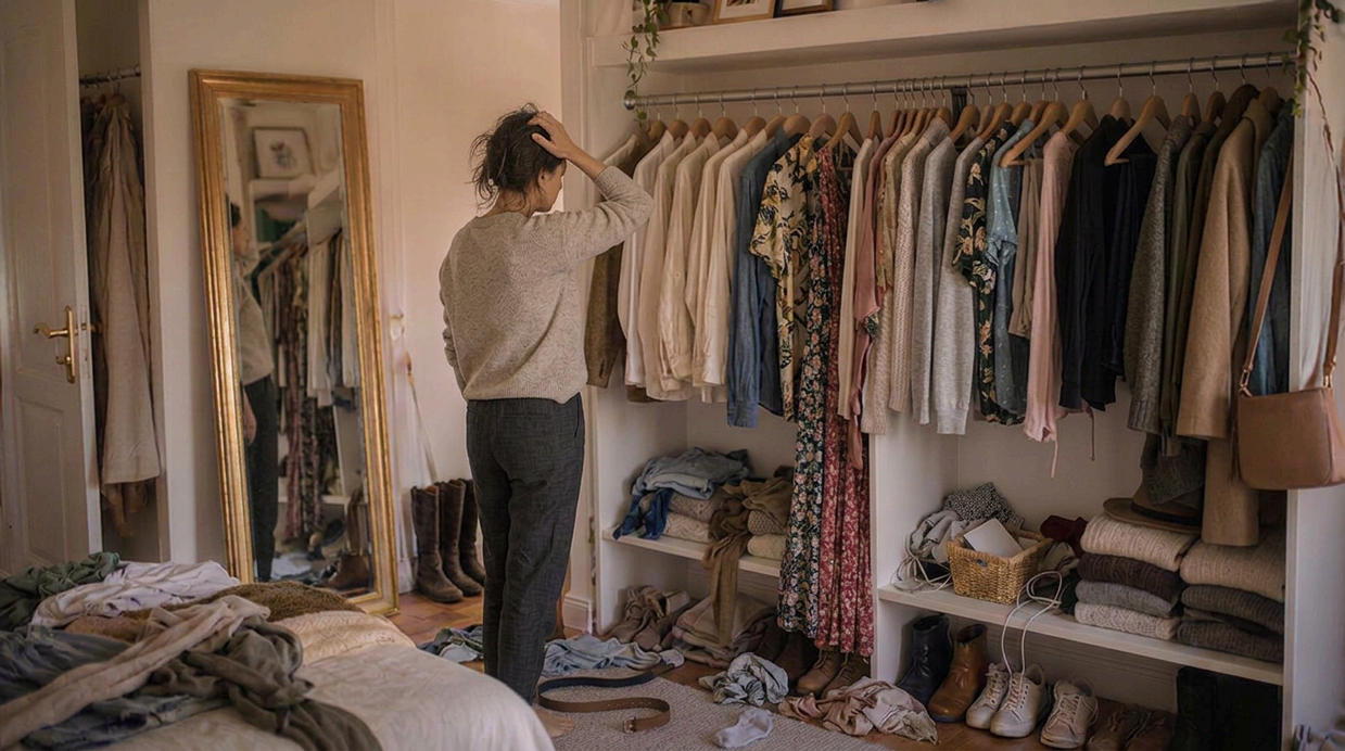 A crowded closet before the edit