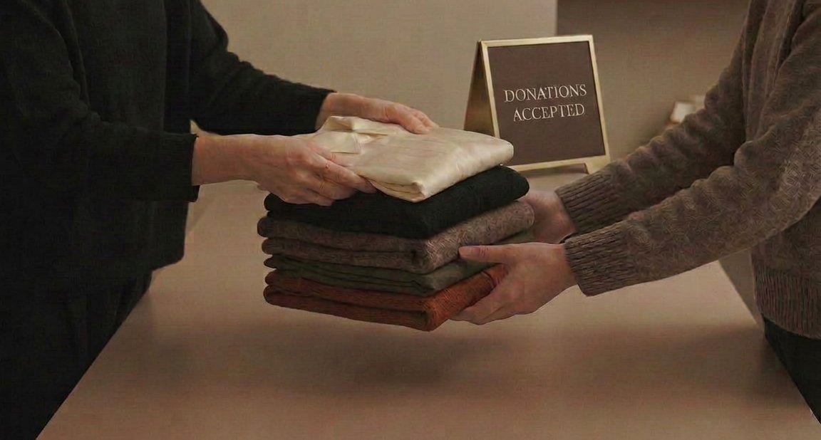 Hands passing a folded stack of clothes in warm brand tones