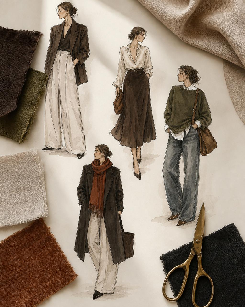 Hand-drawn outfit combinations with fabric swatches and scissors