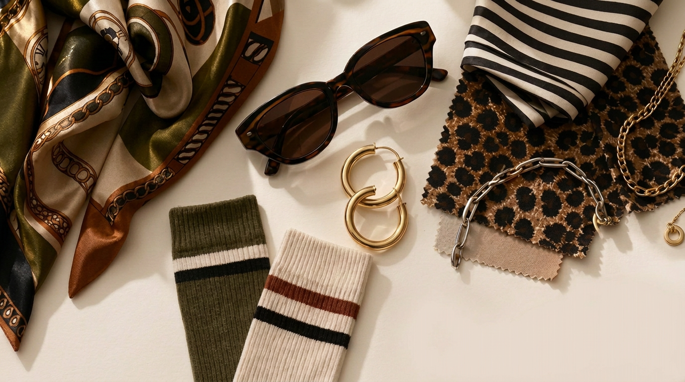 Fun patterns and cool accessories arranged as playful outfit building blocks