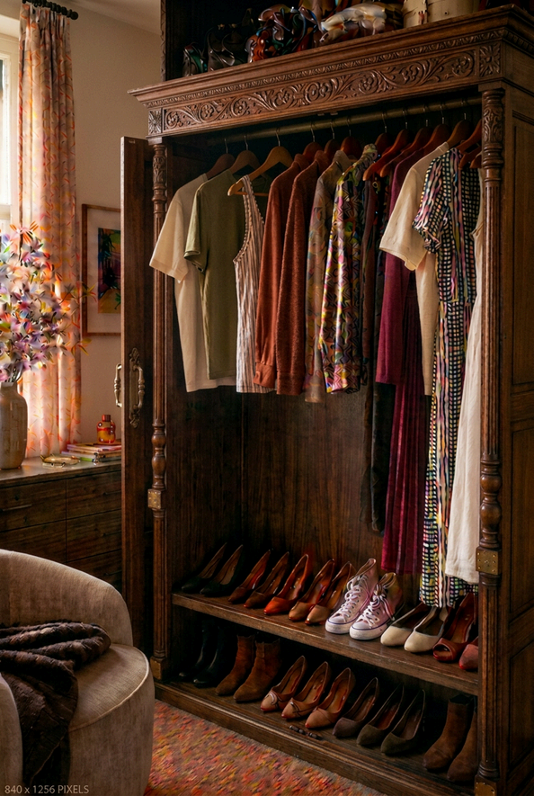 An organized wooden wardrobe with hanging clothes and shoes