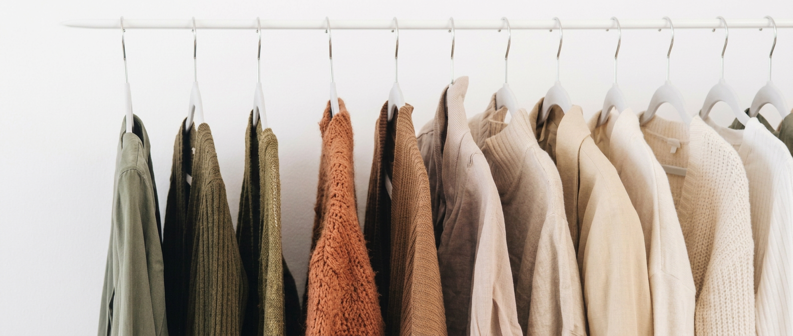 Clothing rack with garments in olive, brown, burnt sienna and cream tones