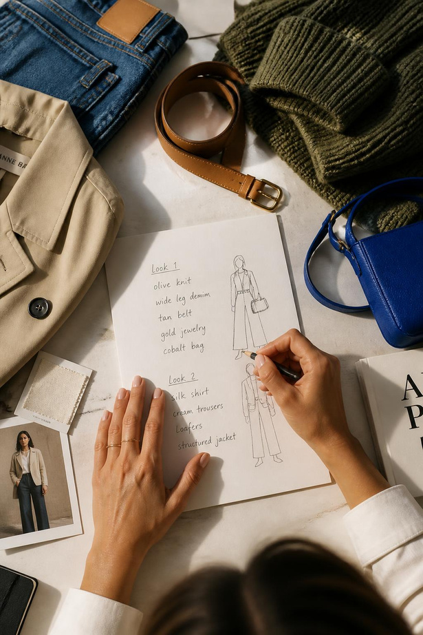 Hands sketching outfit combinations beside garments