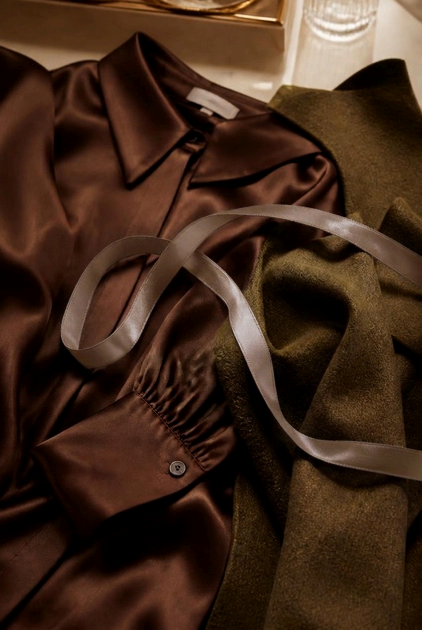 Brown silk shirt layered with olive green fabric and a ribbon