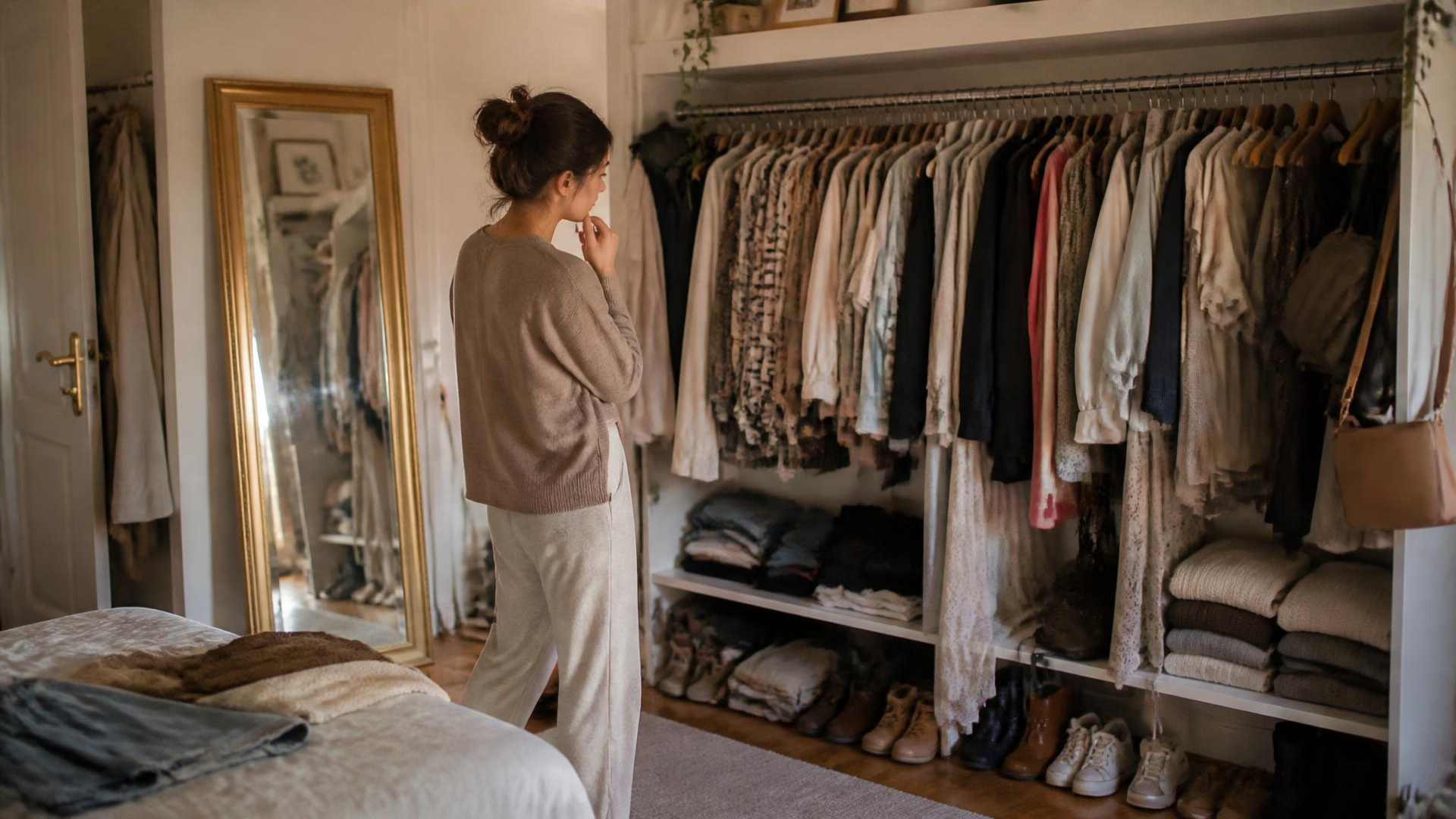 A woman standing in front of a full closet